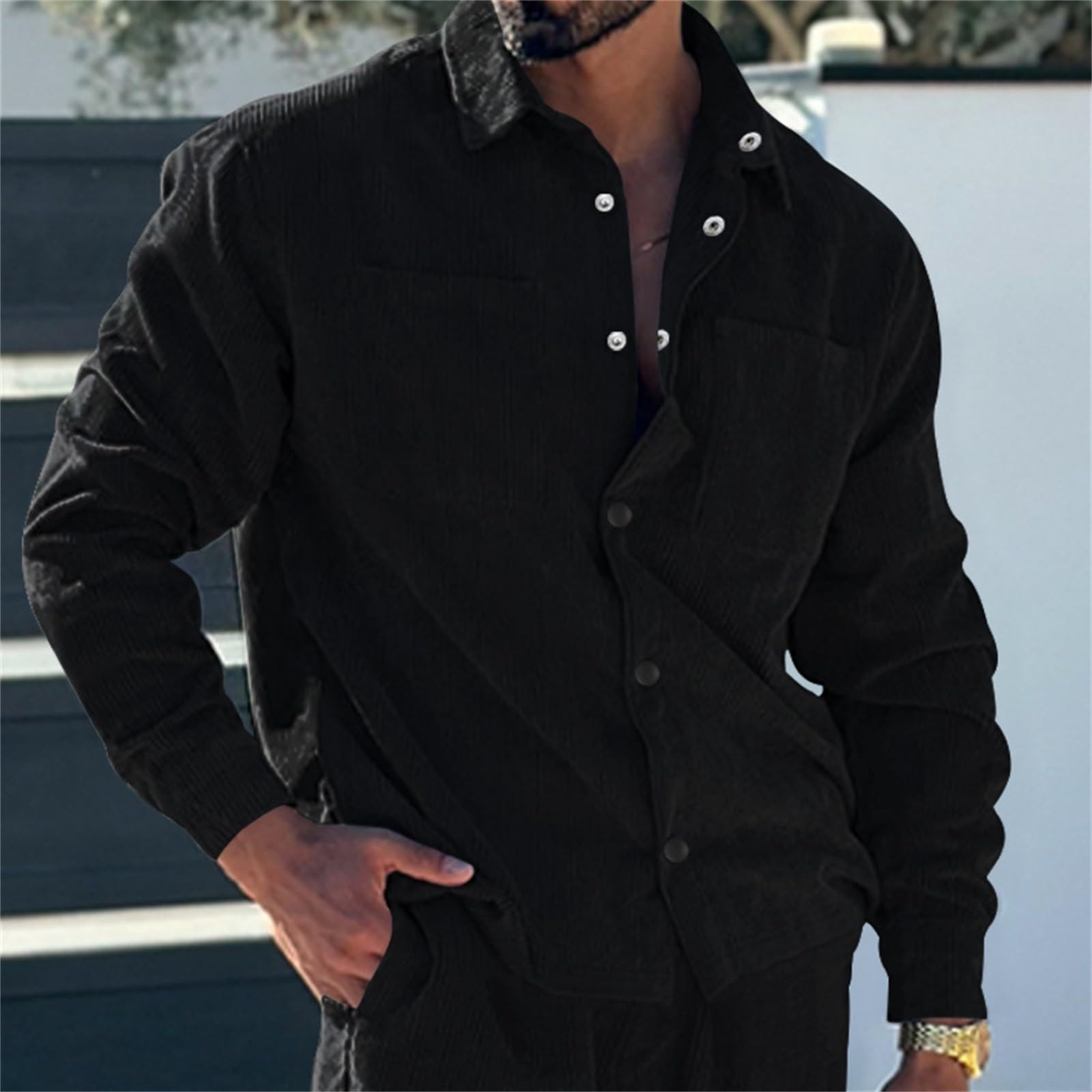 Cord Jacke Herren mit Button und Taschen jacken Einfarbig Freizeitjacke Slim Fit Übergangsjacke Weich bequem wintermantel Winter warm Übergangshemd Outdoorjacke Traditionell Mantel