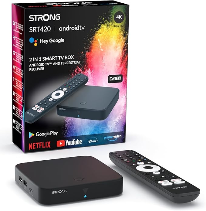 STRONG SRT420 TV Box Android TV 4K con Puerto Ethernet, DVB-T2, 2GB RAM + 16GB Almacenamiento, Chromecast Integrado, WiFi, Asistente De Voz Google, HDR10+, Dolby Audio Y Dolby Vision