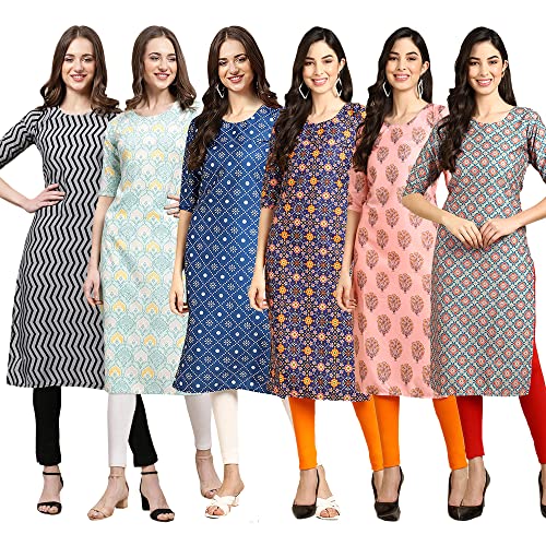 Image of Pinkmint Women's Crepe Digital Print Straight Kurta Pack of 6 [CR-336-370-344-343-328-366]