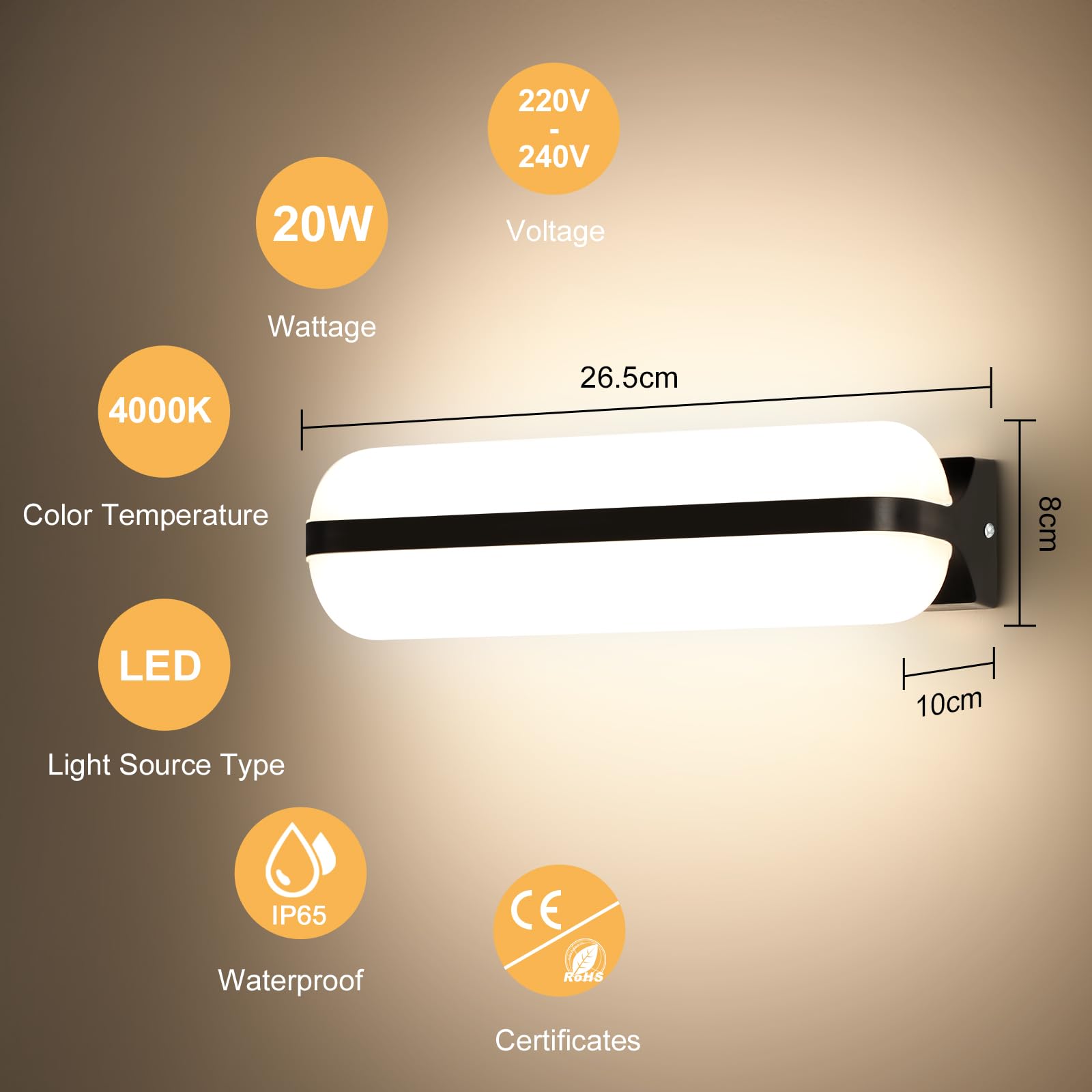 VivaLet Applique da Esterno/Interno 20W 2000LM, Illuminazione Up & Down Lampada da Parete a Parete, 4000K IP65 Luce da Esterno per Ambienti Umidi, Balcone, Bagno, Corridoio, Cantina, Giardino, WC