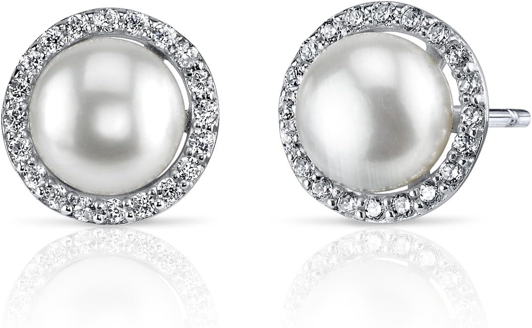 Peora Freshwater Cultured White Pearl Earrings for Women 925 Sterling Silver, 7.50mm Round Button Circle of Life Design, Friction Backs