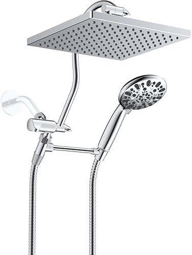 Combo de cabezal de ducha con soporte de cabezal de ducha de metal, brazo de extensión de ducha curvado ajustable de 12 pulgadas, 7 rociadores,