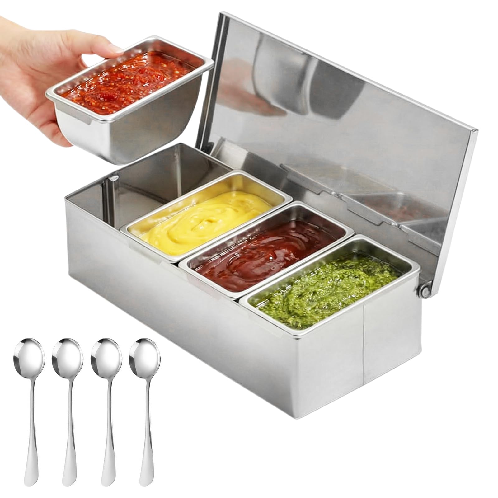 PORFOYO Zutatenbehälter Edelstahl mit Deckel, Gekühlter Gewürzbehälter mit 4 Fächern 450 ml für Bar Zitronen, Obst, Oliven und Cocktail Zutaten Beilagenbehälter für Gastro & Küche