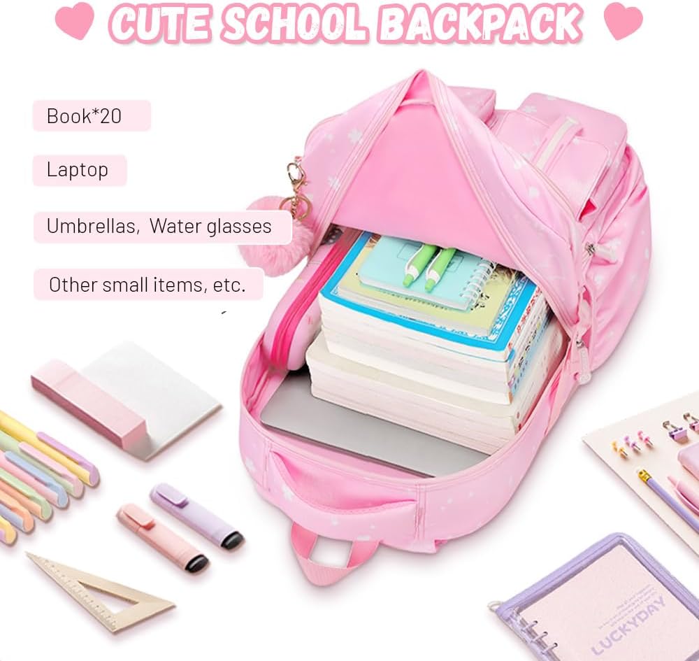 mygreen Cute Girls Backpack with Fluffy Ball Pendant- Large Capacity Water-Resistant School Bag for Ages 6-15 | Heavy-Duty Oxford Fabric | Gift-Ready for Primary to High School Purple