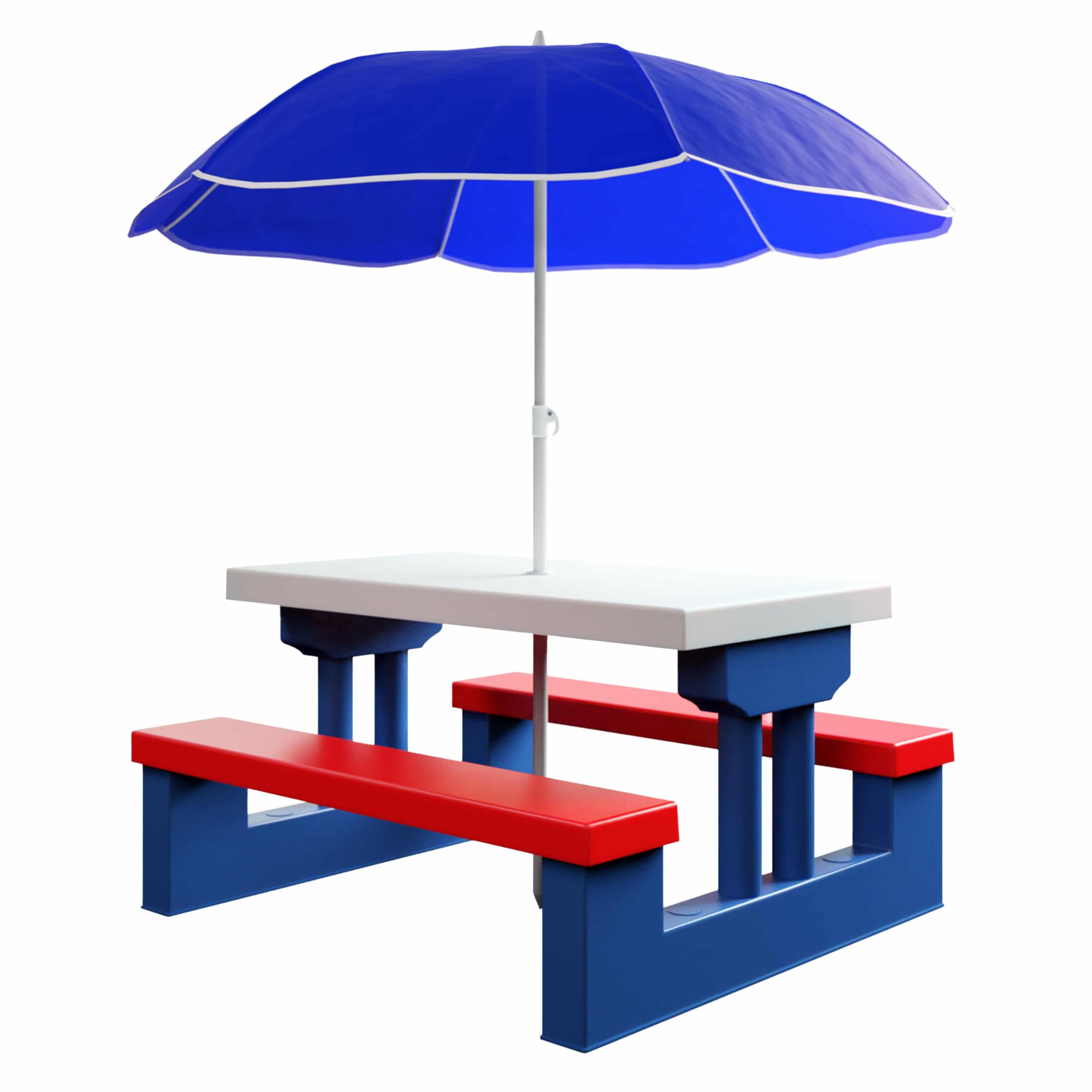 Spielwerk® Picnic Table and Bench with Parasol | Baby Toy Desk | Dining Table with UV Protection | Ideal for Paint, Crayons & Crafts for Kids | Easy to Clean with Baby Wipes or Water | Blue Red White