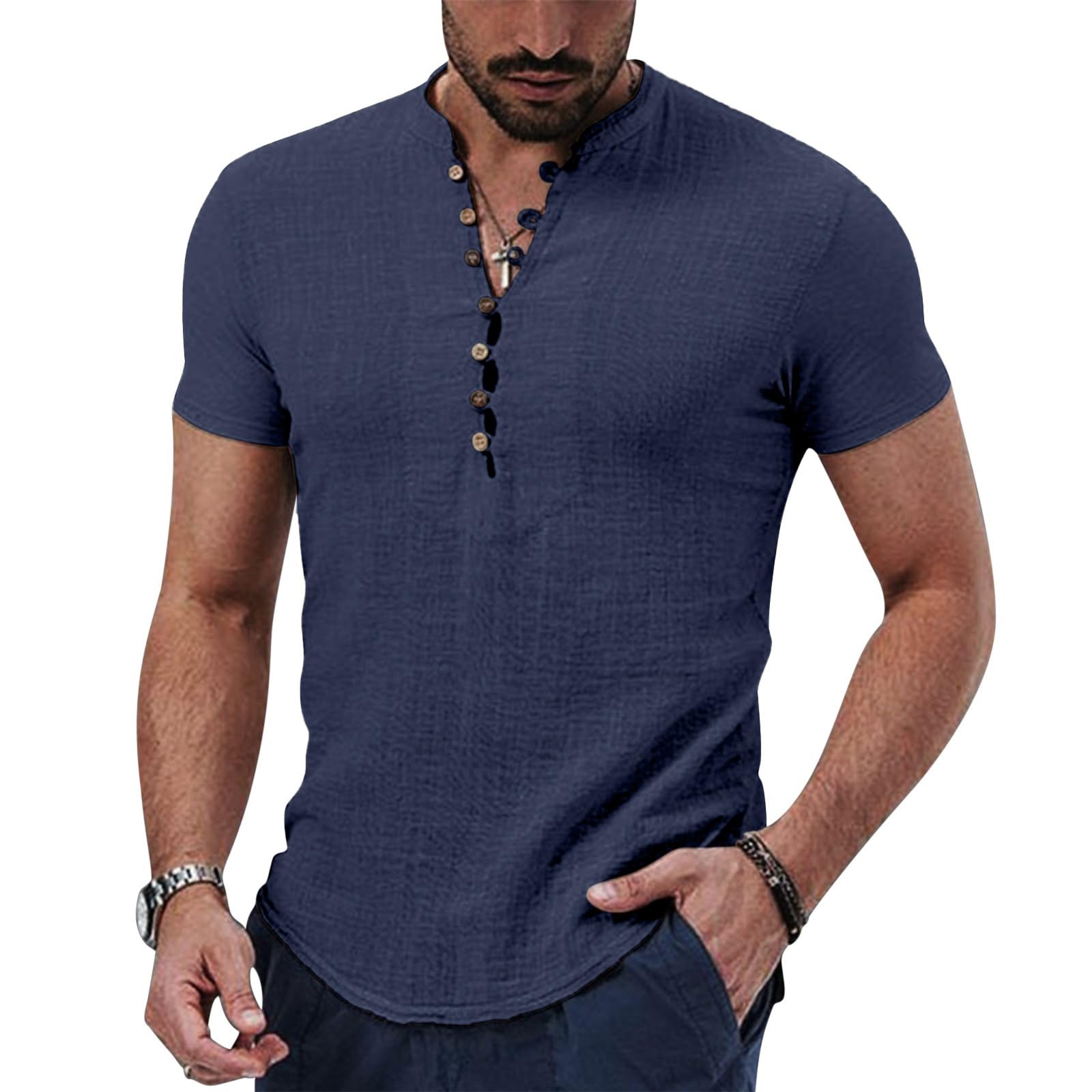 Puimentiua Leinenhemd Herren,Hemd Kurzarm,Sommer Kurzarmhemd,Regular Fit Sommerhemd mit Stehkragen und Knöpfen (S-3XL)