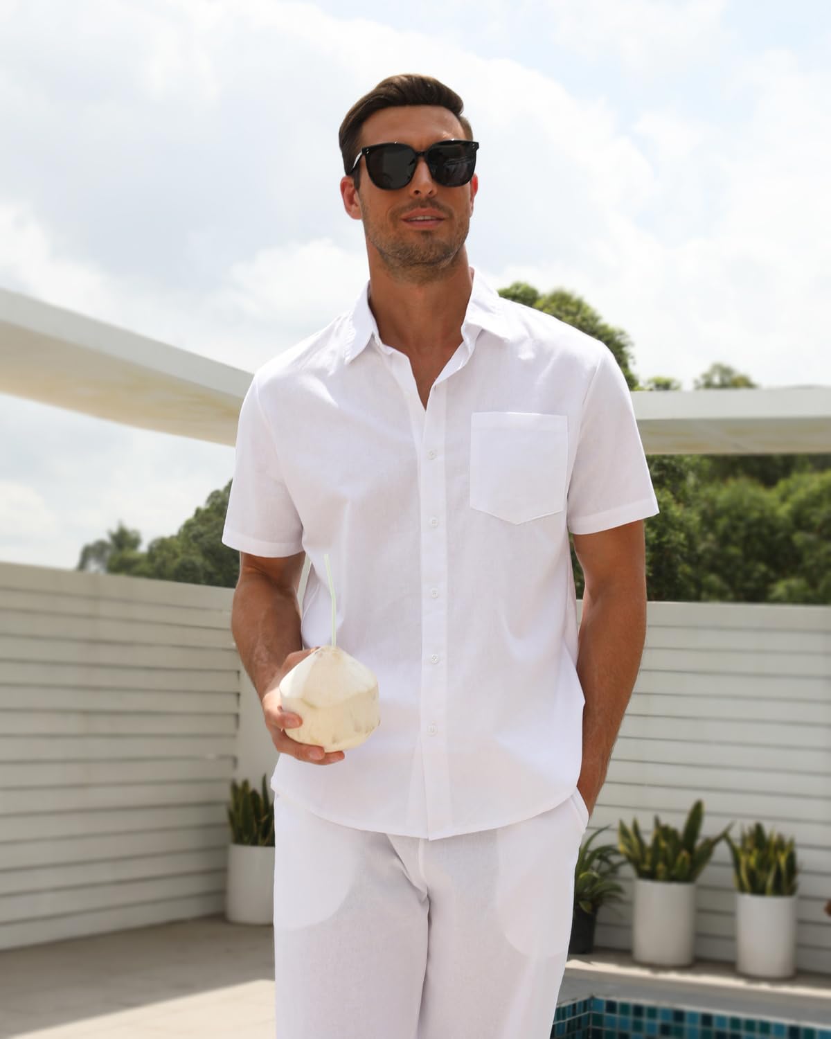 Ensemble 2 pièces en lin pour homme - Vêtements de plage et de mariage - Chemises boutonnées décontractées - Pantalon de yoga - Costume d'été assorti