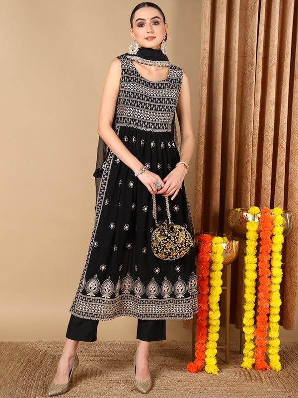 Image of Vaamsi Women's Poly Georgette Solid Embroidered Straight Kurta Pant With Dupatta With Inner