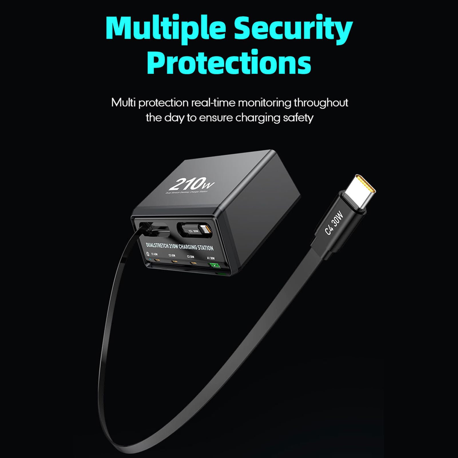 Fockety Tisch-Ladestation, 210W-Ladegerät mit 6 USB C-Anschlüssen und Zwei einziehbaren PD-Kabeln, PD-Ladegerät mit 45W und 30W für das Homeoffice, Gaming-Schreibtischzubehör (EU-Stecker)