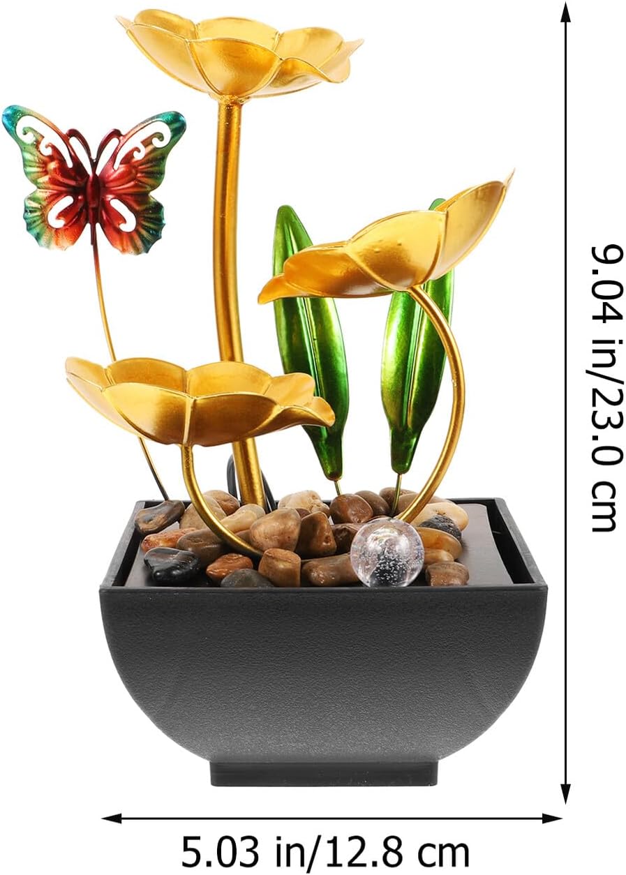 Mini Lotus Leaf Waterfall Fountain Indoor Desktop Ornament with Butterfly Motif USB Powered Tabletop Water Fountain for Office Home Living Decor