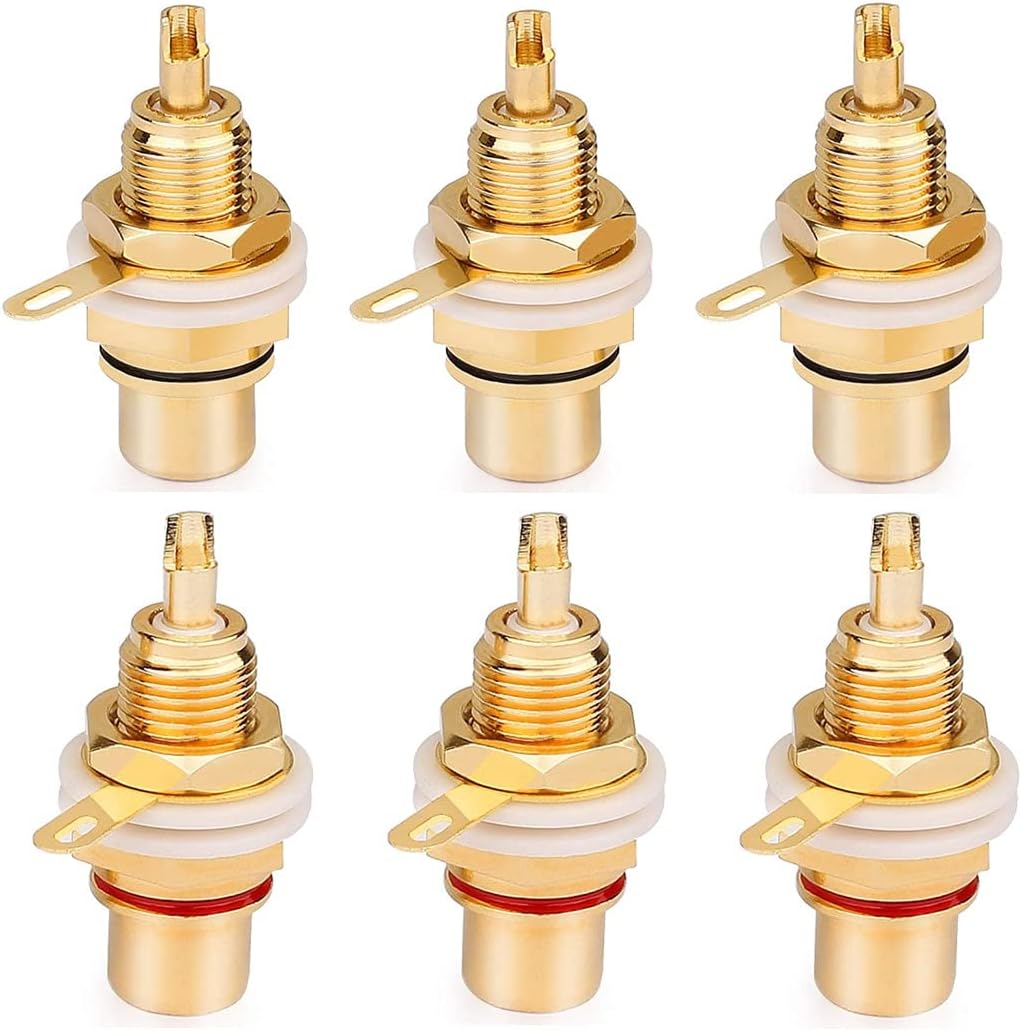Gold Plated Female RCA Phono Panel Mount Chassis Socket Plug Jack Connector - (6 Pcs)