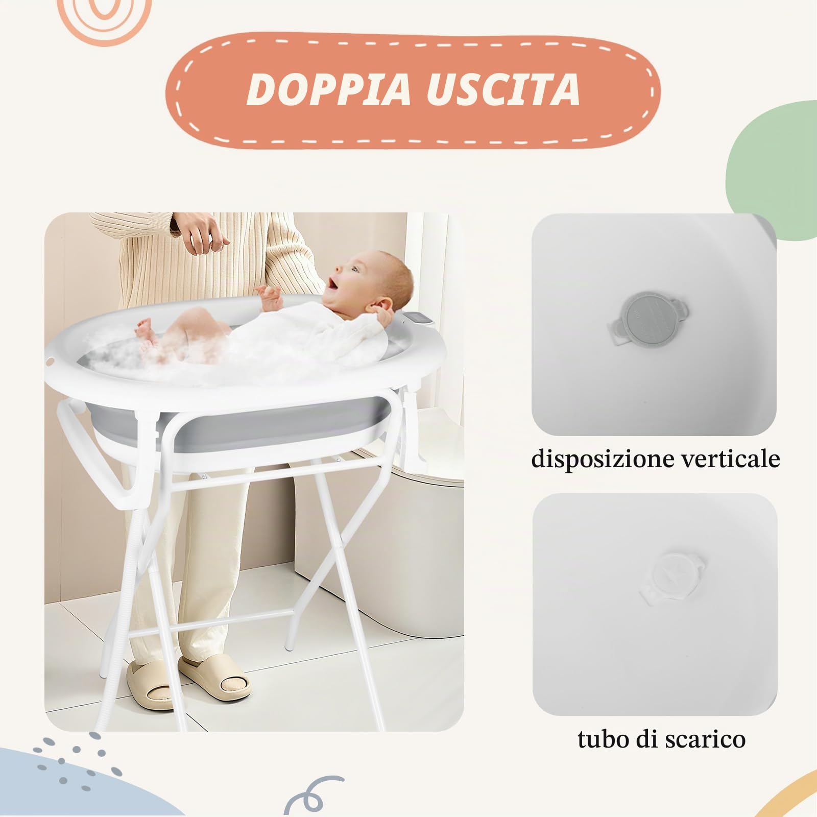 Vasca da bagno pieghevole con supporto antiscivolo, tappetino da bagno e inserto vasca per neonati e bambini