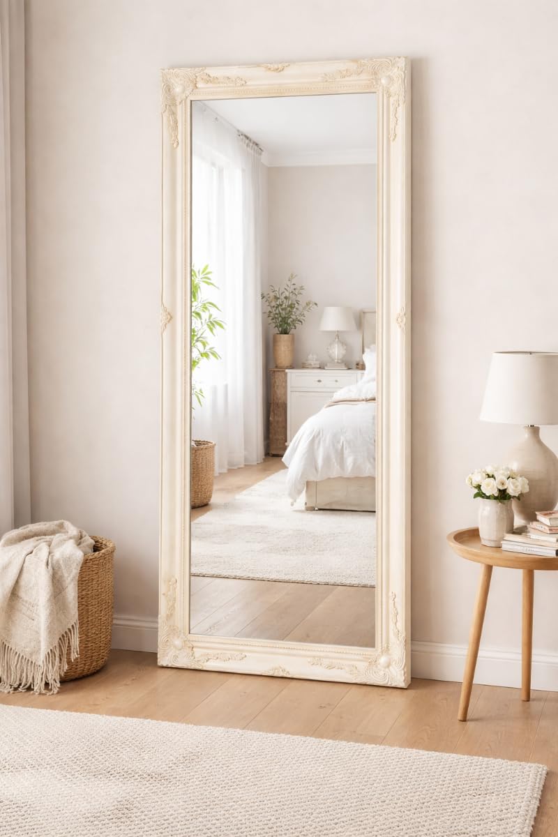Large Antique Style Rectangle Ivory Wall Mounted Mirror 5Ft7 X 2Ft7 (170cmx79cm)
