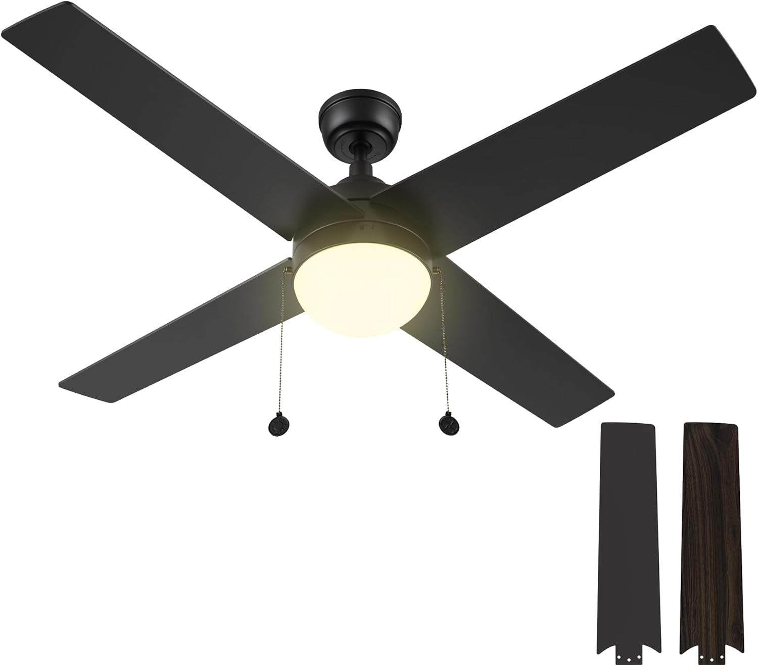 SMAAIR 52 Inch Black Pull Chain Ceiling Fan with 2 in 1 Reversible Blade, 3500K LED Light, 3 Speeds Quiet Reversible DC Motor, 4 Plywood Blades Modern Ceiling Fan for Living Room, Bedroom, Kitchen