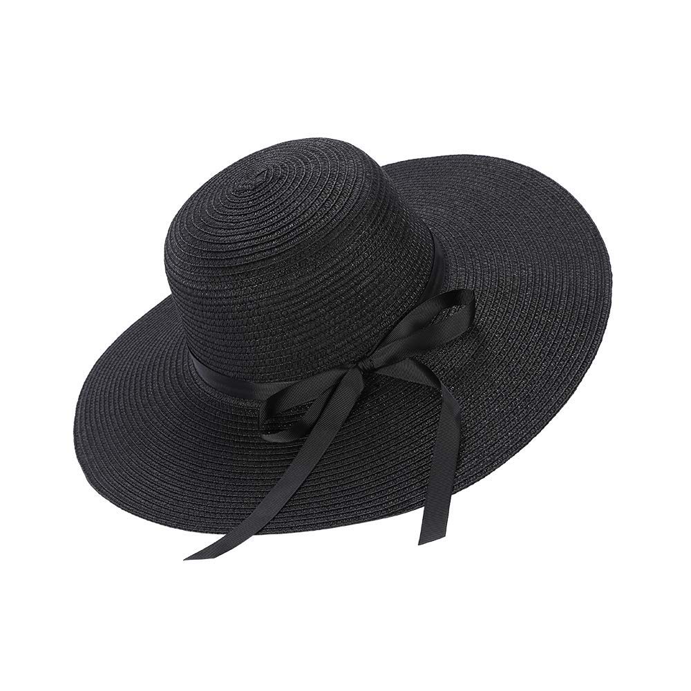 Chapter Seven Unisex Black Moxamo Women's Straw Hat Summer Bowknot Beach Foldable Hats Uv Protection Upf50+ Wide Brim Floppy Ladies Men Straw Sunhat Packable Holiday Beach Accessories (Black)