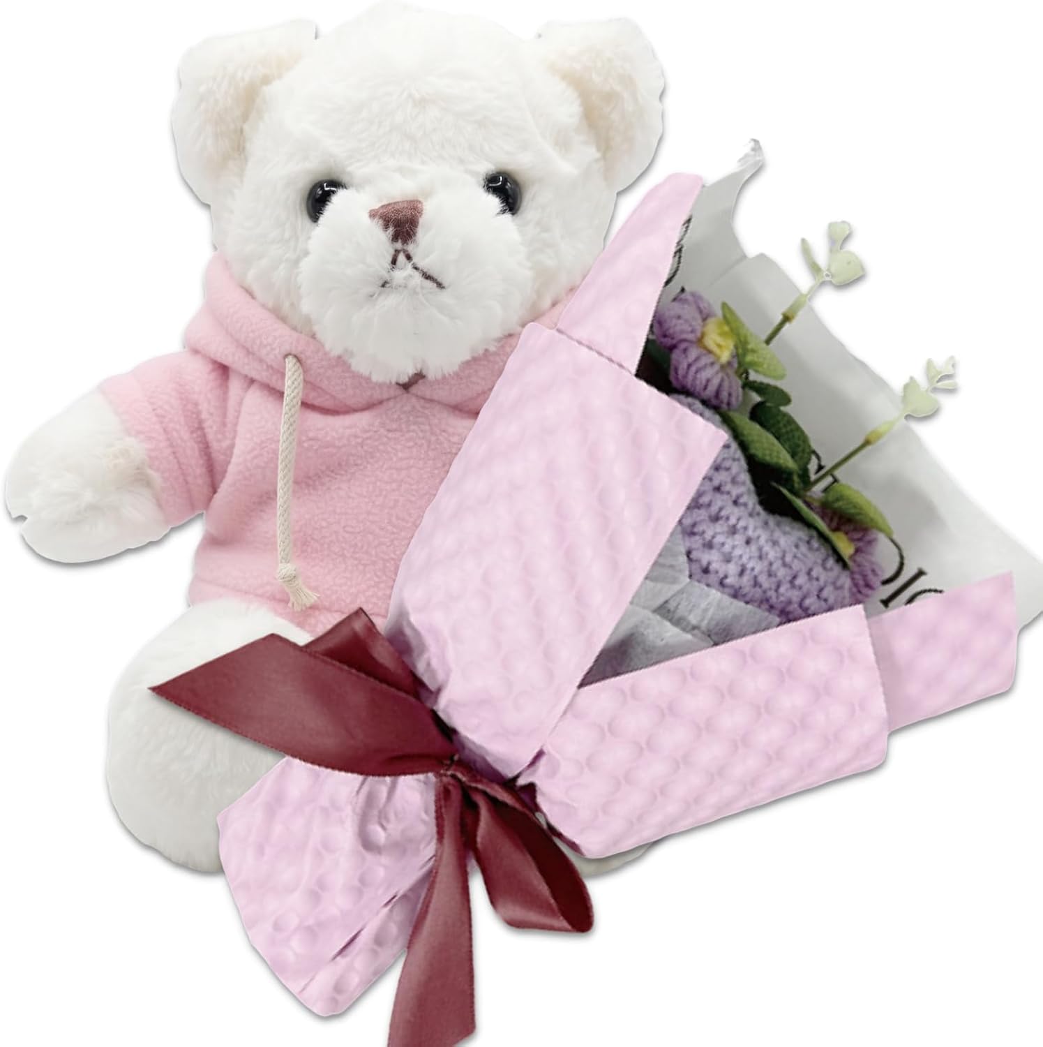Q-FLA, and3 895517 Artificial Flower Gift, Summer Knit Bouquet, LAV, Soft Bear WH, Hoodie, Black, Bouquet, Present, Sewing Clothing