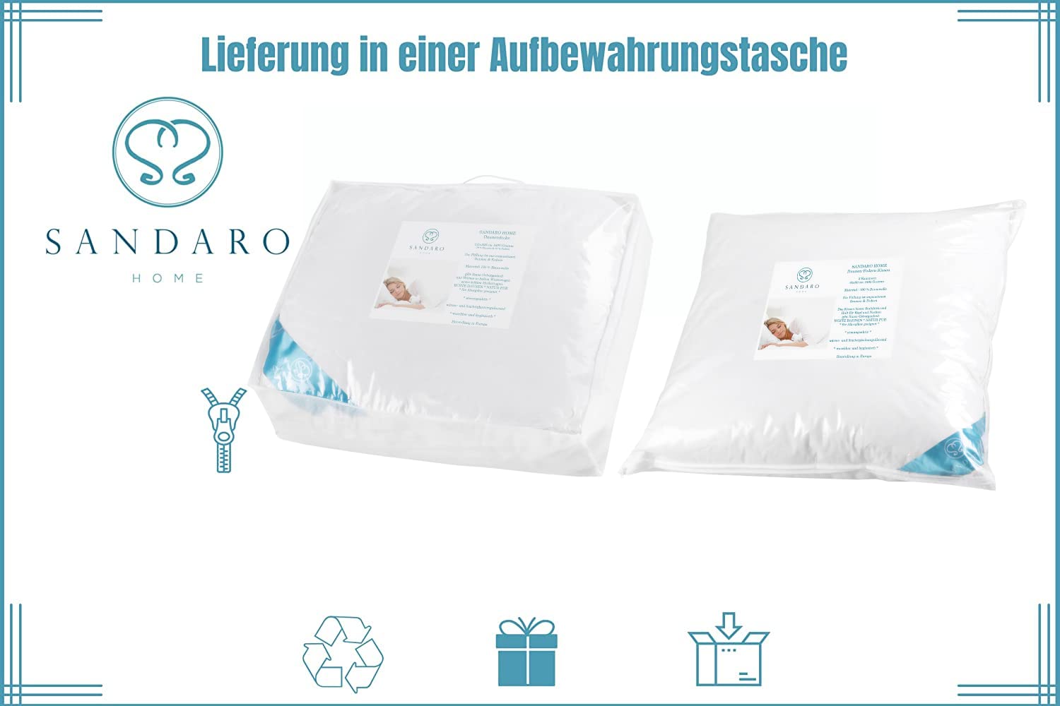 Daunendecke 135x200 (1600 Gramm) Mit Kissen 80x80 Daunen 3 Kammern (1600 Gramm) Gefüllt Mit Hochwertigen Daunen, (R.D.S.) und OEKO-TEX Zertifiziert 100% Natur Gänsedaunen, Bettdecke Mit Kissen Set