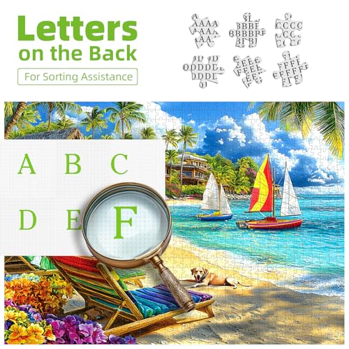 Image of 500 Piece Jigsaw Puzzle for Adults Tropical Beach Summer Scene with Sailboats & Palm Trees, Relaxing Vacation Puzzle with Letters on Back Fun Gift for Seniors, Family, Adults (23x15 Inch)