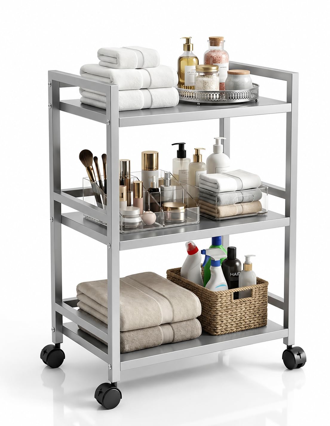 WINSTAR Metal Rolling Trolley with Lockable Wheels | Heavy Duty Multifunctional Metal Frame Cart | Ideal for Home, Kitchen, Bathroom and Office Storage | (Silver, 3-Tier)-image-3