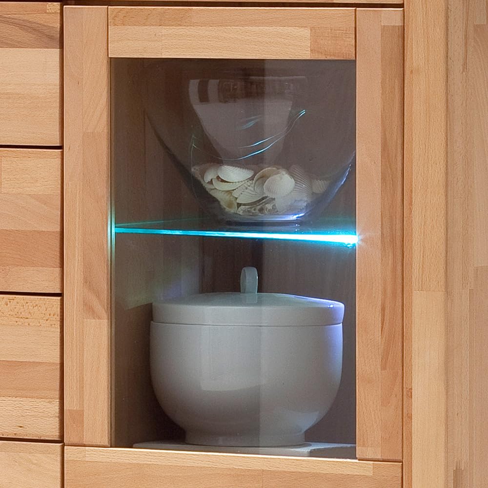 Lomadox Wohnzimmer Highboard Vitrinenschrank mit LED-Beleuchtung, Kernbuche massiv geölt keilgezinkt, Echtholz/Massivholz