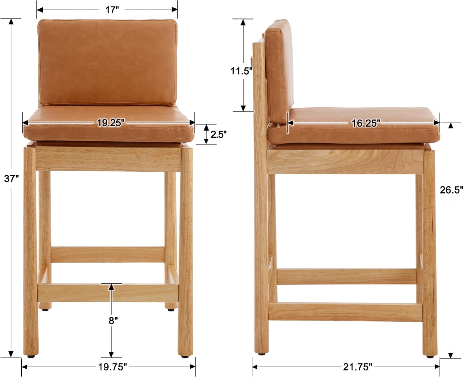 EALSON Counter Height Bar Stools Set of 2 Farmhouse Barstoos with Back Mid Century Modern Counter Stools with Natural Wood Legs Upholstered Leather Bar Charis for Kitchen Island/Pub, Brown