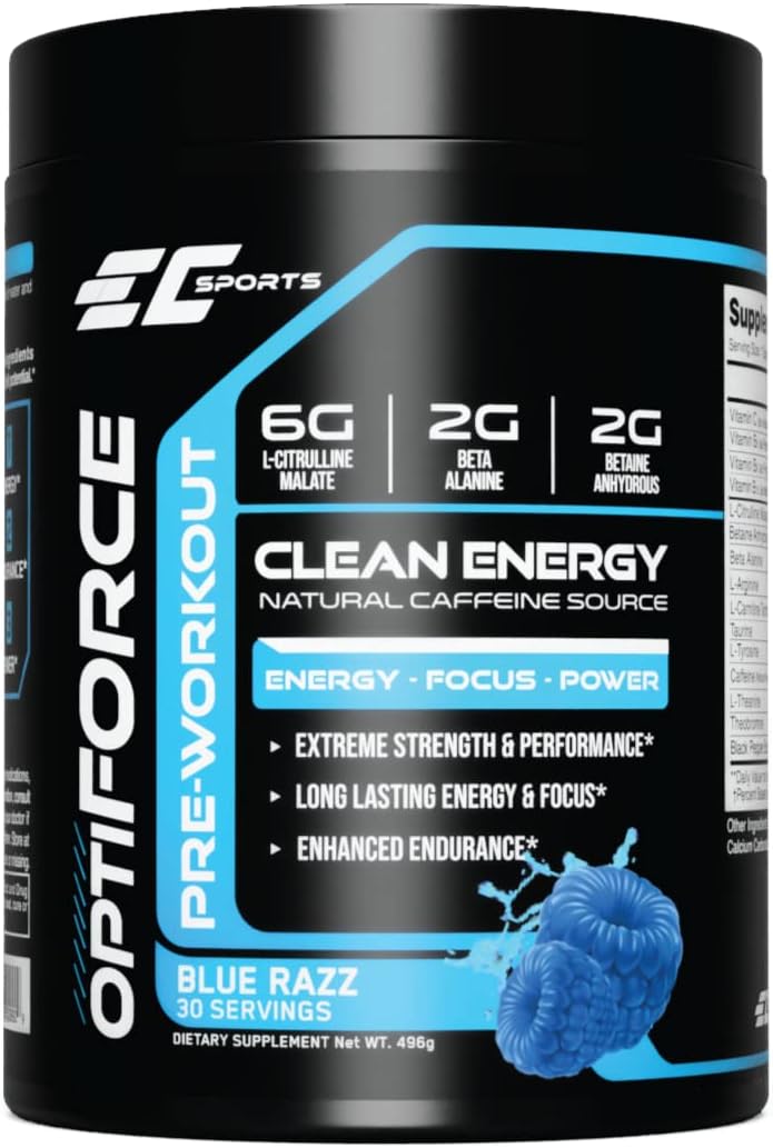 EC Sports OptiForce Pre-Workout ICY Blue Raspberry Supplement Powder - Clean Energy & Natural Caffeine w/Long-Lasting Endurance, Focus - 30 Servings