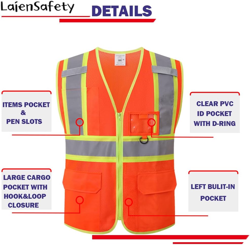 Reflective Safety Vest for Men Women with Multiple Pockets Class 2 High Visibility Mesh Vest Hi Vis Construction Work Vest,Meets ANSI/ISEA Standards(EK1-178-Orange-L) - Image 3