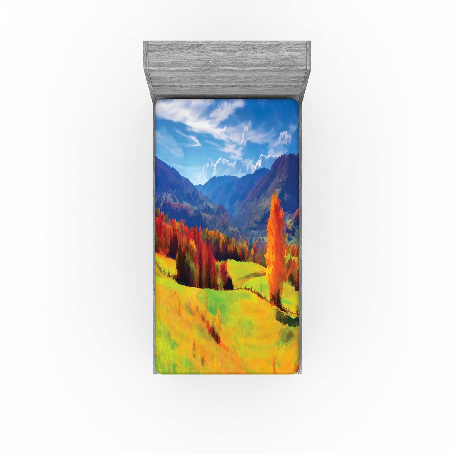 Ambesonne Autumn 2 Pack Fitted Sheet, Alpine Mountain Design, Bed Cover All-Round Elastic Deep Pockets 2 Pieces, Package Contains 2 Twin XL Size Fitted Sheets, Green Blue