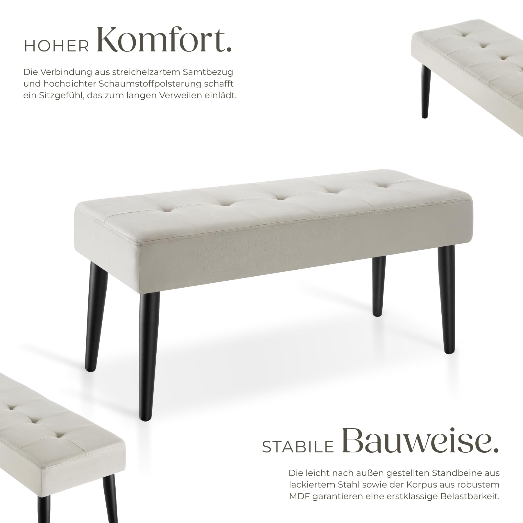 TecTake® Sitzbank, 95 x 38 x 45 cm, edles Steppmuster, belastbar bis 220 kg, gepolstert, bodenschonende Kappen, pflegeleicht, Polsterbank, Bank, Sitzgelegenheit, Flurmöbel - Samtoptik Taupe