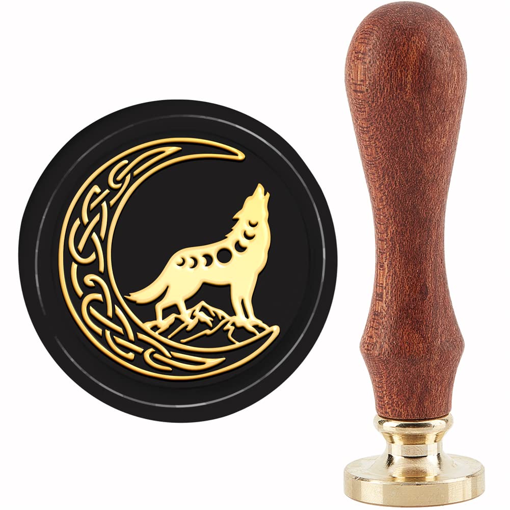 CRASPIRE Wolf Wax Seal Stamp Moon Sealing Wax Stamps 30mm Retro Vintage Removable Brass Stamp Head with Wood Handle for Invitations Cards Gift Wrapping