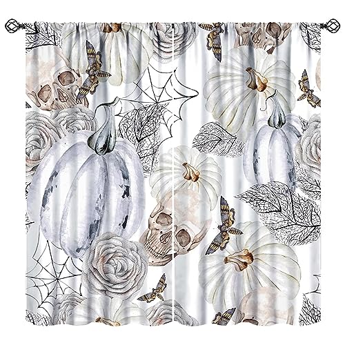 Halloween Pumpkin Curtains, Fall Thanksgiving Scary Skull Skeleton Flower Rose Gothic Style Window Treatments Curtains for Living Room Bedroom Kitchen Bathroom W72xL63in
