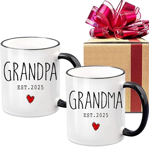 VLUG Est 2025 Promoted To Grandparents Mug Gifts for Grandma Grandpa, Est 2025 Grandma Grandpa To Be Gifts Set, Promoted To Grandma Grandpa 2025 Mug, Baby Pregnancy Announcement Gifts