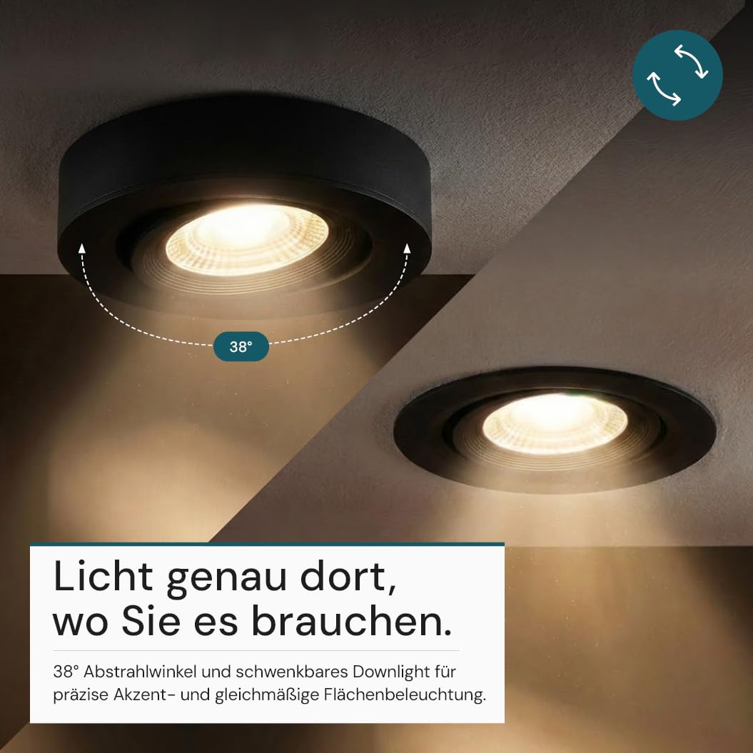 LUXULA LED Einbaustrahler Schwarz 12 Stück - Deckenspot Einbau/Aufbauspot 230V, CCT 3000K 4200K 6500K, 5 W 500 lm, schwenkbar, 38° Spots für Decken innen, LED Deckenlampe flach, Lochmaß 70-75mm
