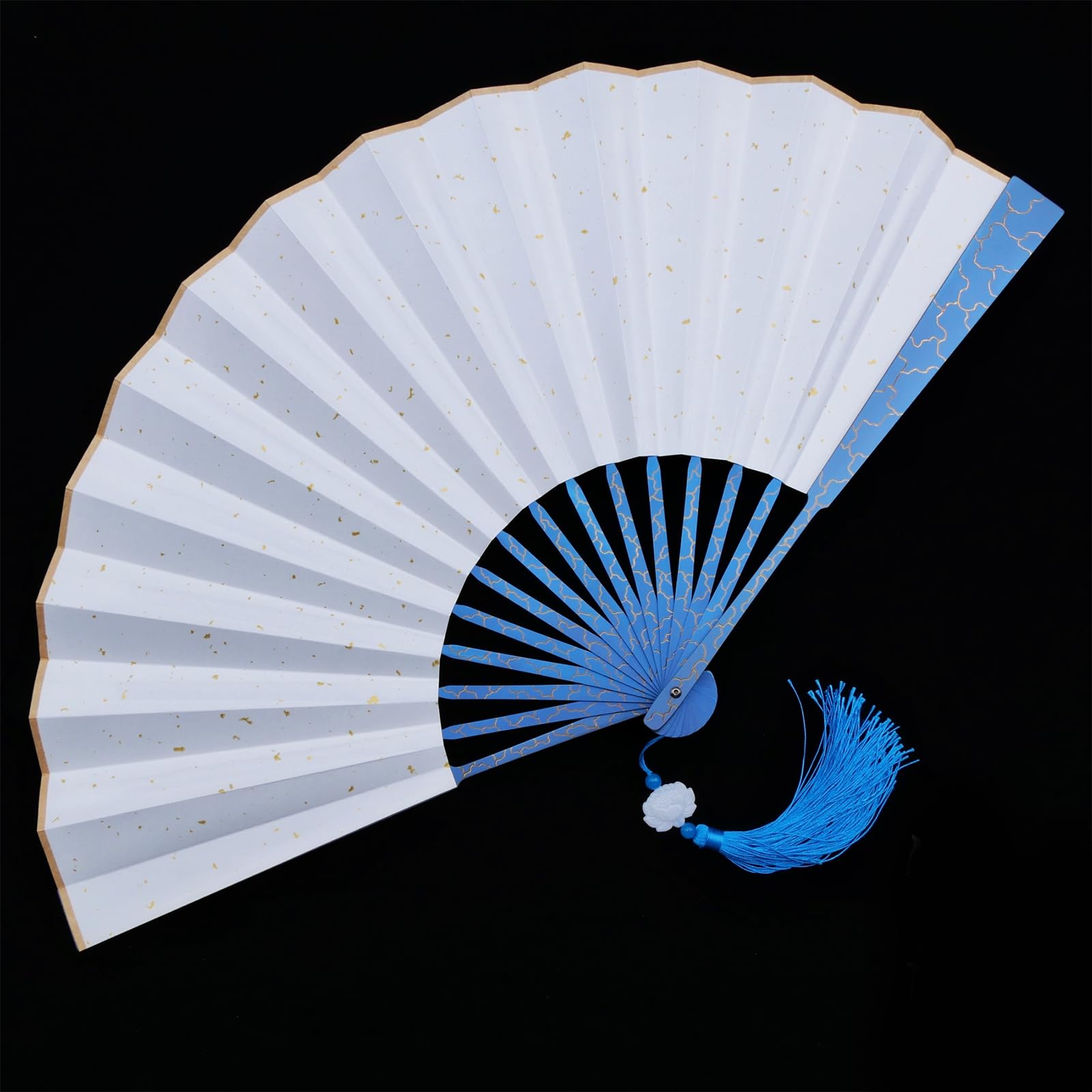 Amazon | 装飾扇、チタン合金扇、手彫りの扇子、青い雷模様