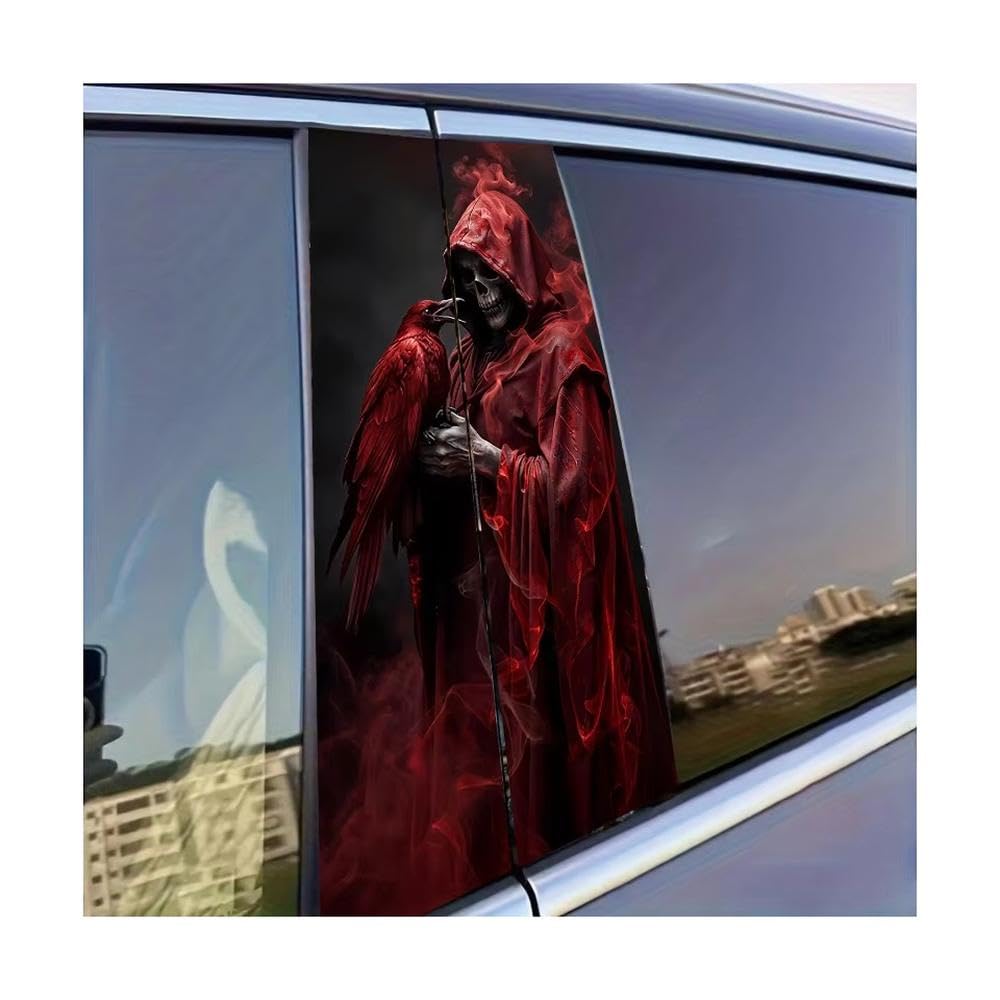 Decorative Items 2 PCS Car Window Pillar Stickers Hooded Skeleton with Red Raven Glossy Material Protective Film