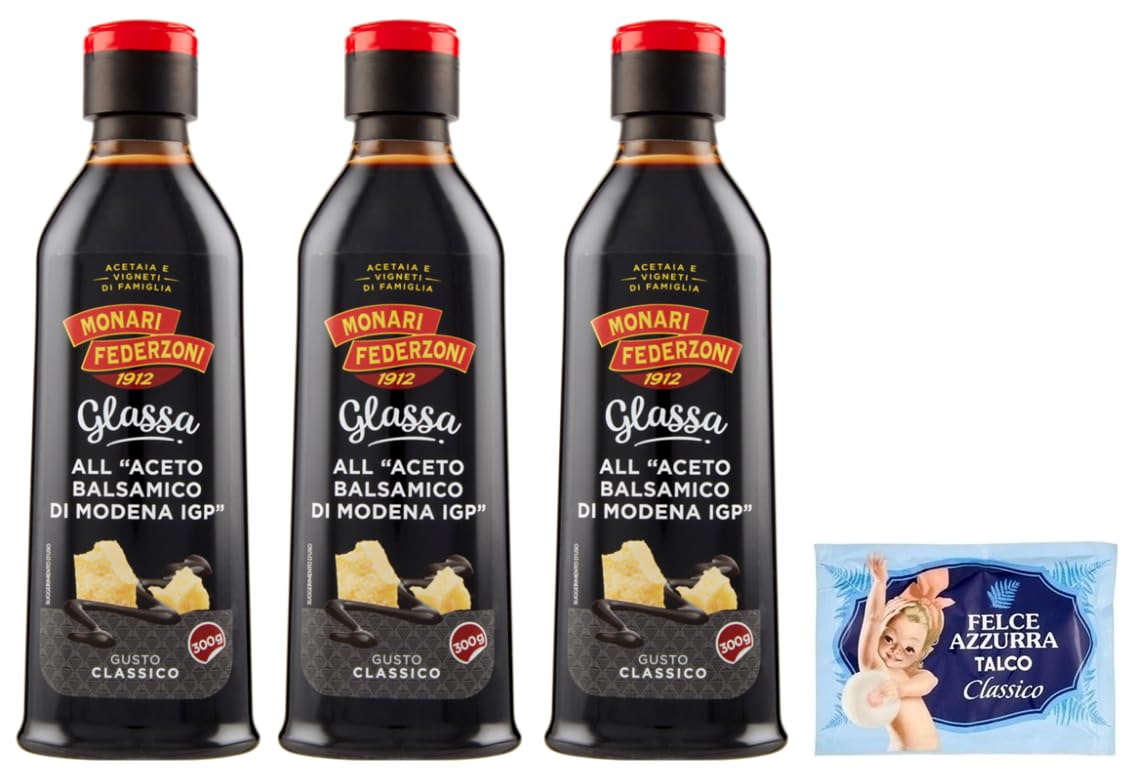Confezione da 3 Monari Federzoni Glassa all'Aceto Balsamico di Modena,300g + 1 Confezione di Talco Felce Azzurra in omaggio, Busta da 100g