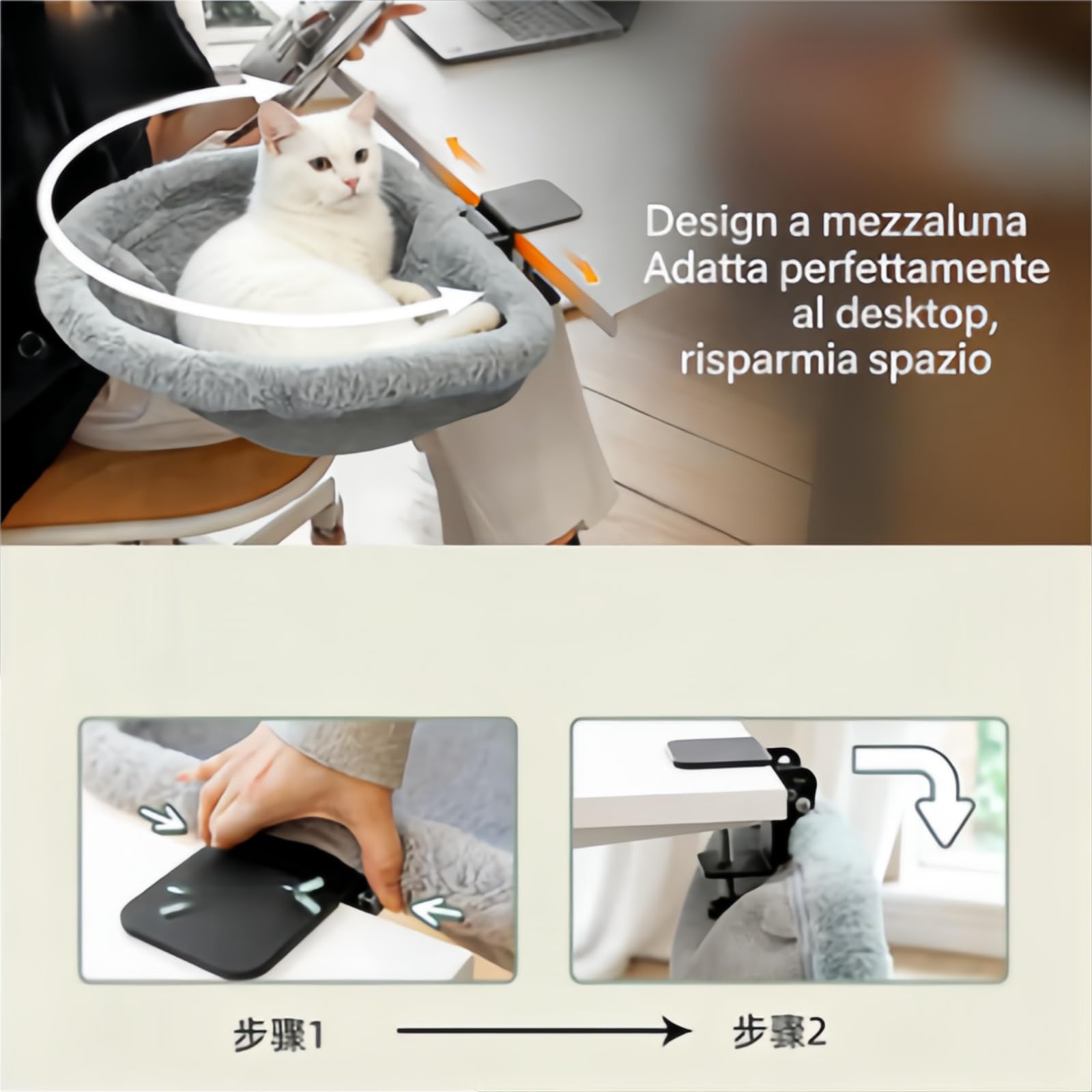 Cuccia Gatto da Scrivania Pieghevole, Amaca per Gatti Letto per Gatti, Facile da Pulire, con Morsetto Stabile, Portata 18 kg