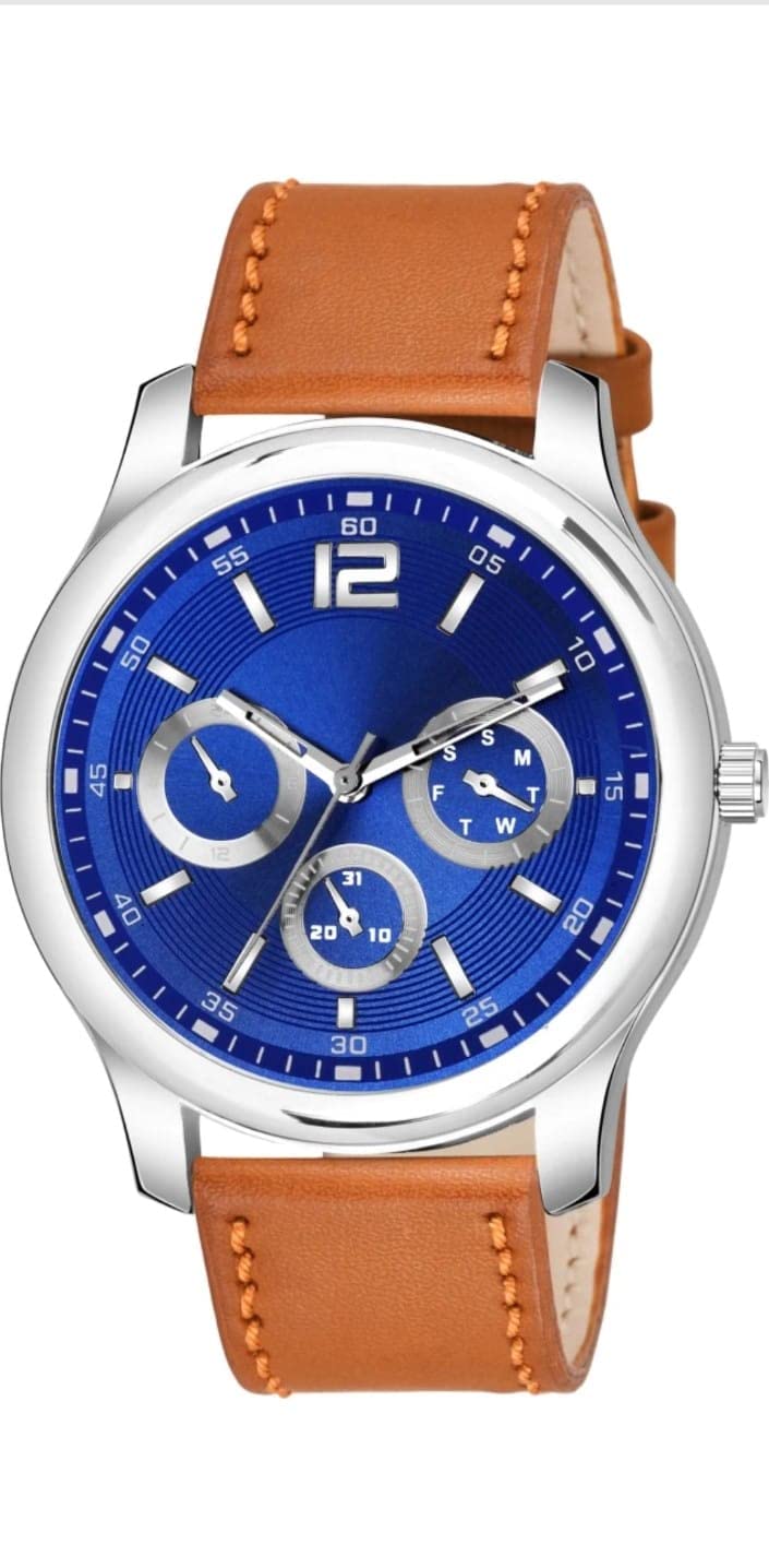 GOLDENIZE FASHION Stylish Multicolor Dial Brown Leather Strap Men and Boys Wrist Watch (Blue) (B0BNB527Q4) Amazon Price History, Amazon Price Tracker