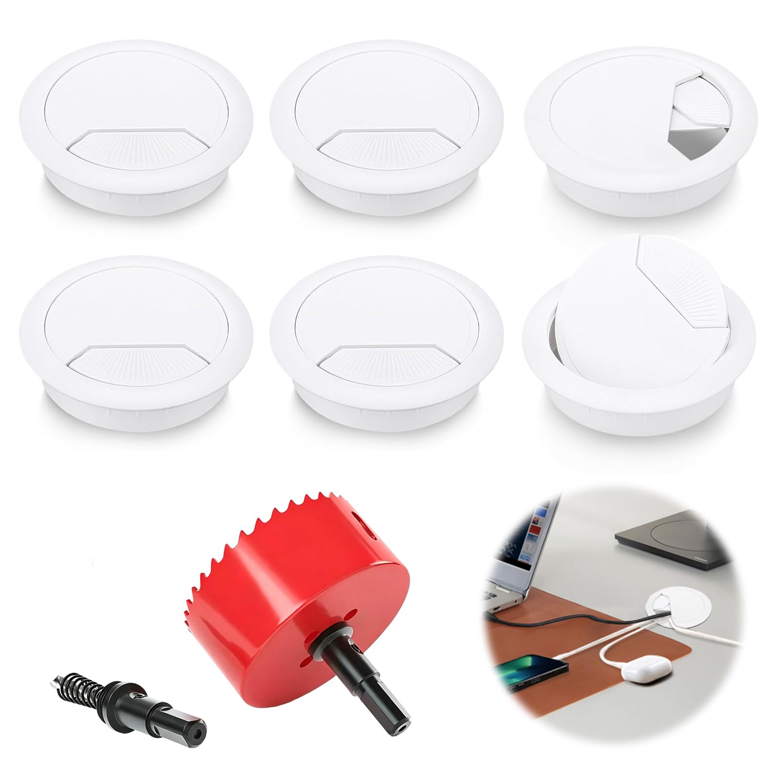 6 Pack 60mm Desk Cable Grommets with Hole Saw, Round Desk Cable Hole Cover, Office Desk Wire Organiser Insert, Plastic Table Cable Management Grommet for Computer Desk Worktop (White)