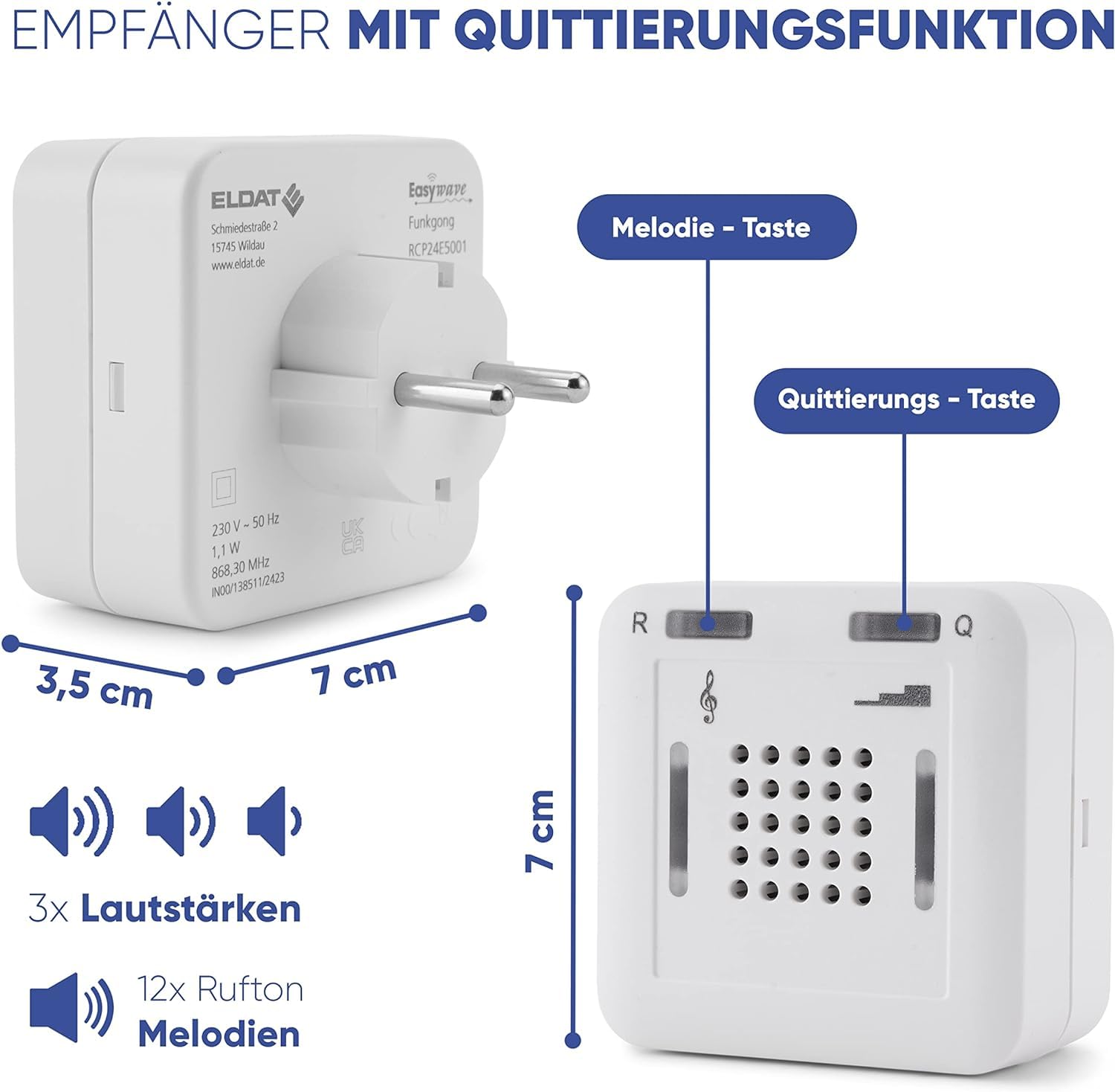 ELDAT - Mobiler Hausnotruf mit Notrufsendern und Quittierungsfunktion - Notrufknopf für Senioren - RS16 mit Armbandsender RT26