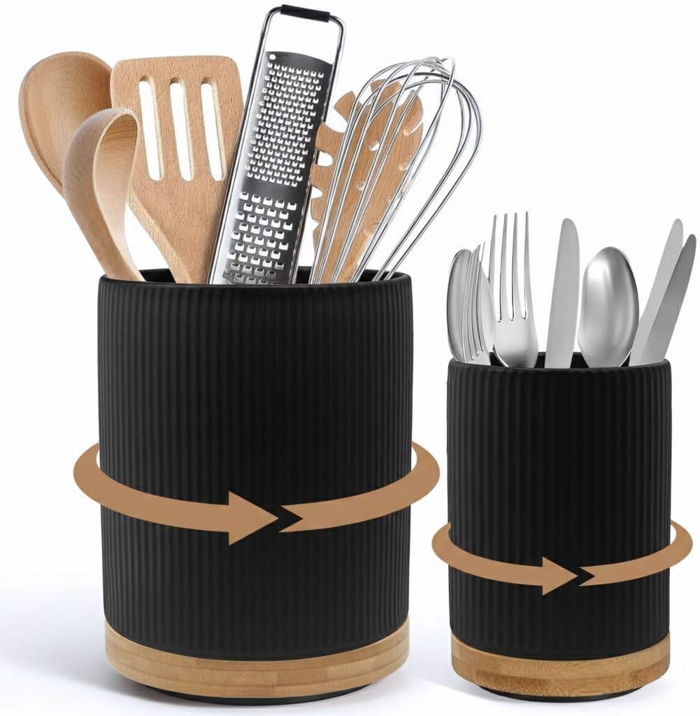 2 Pack Ceramic Utensil Holder, 7.3"+5.4" Large kitchen utensils holder for Countertop, 360° Rotating Cooking Utensil Crock for Kitchen Counter with Detachable Wooden Base, Kitchen Decor- Black