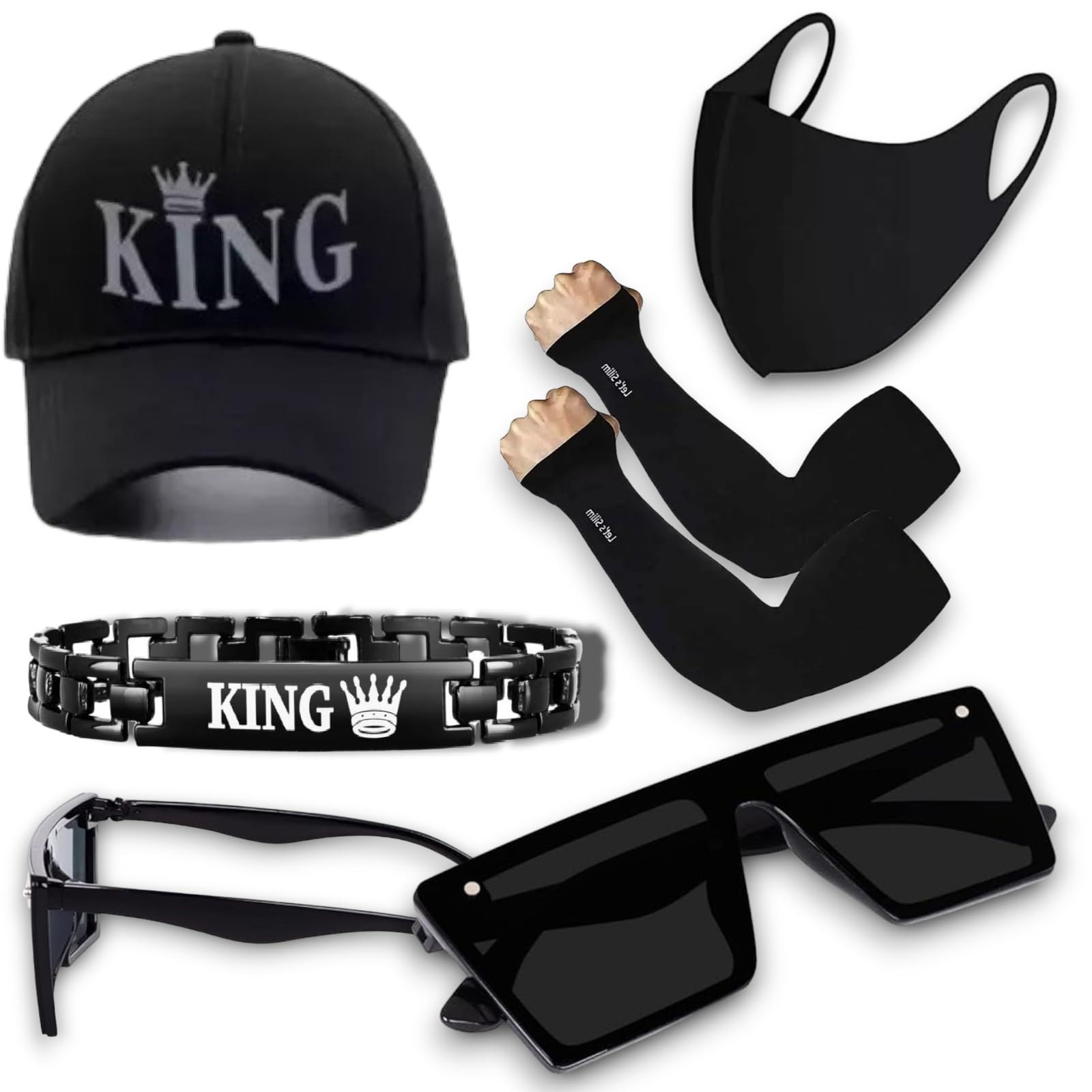 King Branded Hat, Face Mask, Arm Sleeves, Bracelet, Sunglasses Set, Black Colour unique Trendy-image-37