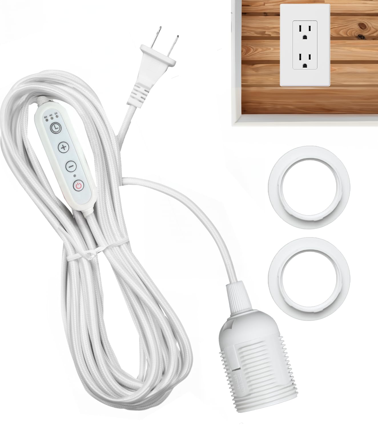 Fabric Cord for Hanging Pendant Lamp Fixture, Lampshades 15 Feet Decorative Braided Flexible Cable E-26/ E-27 Light Bulb Socket & 2 Prong Flat Plug Timer Switch (White)