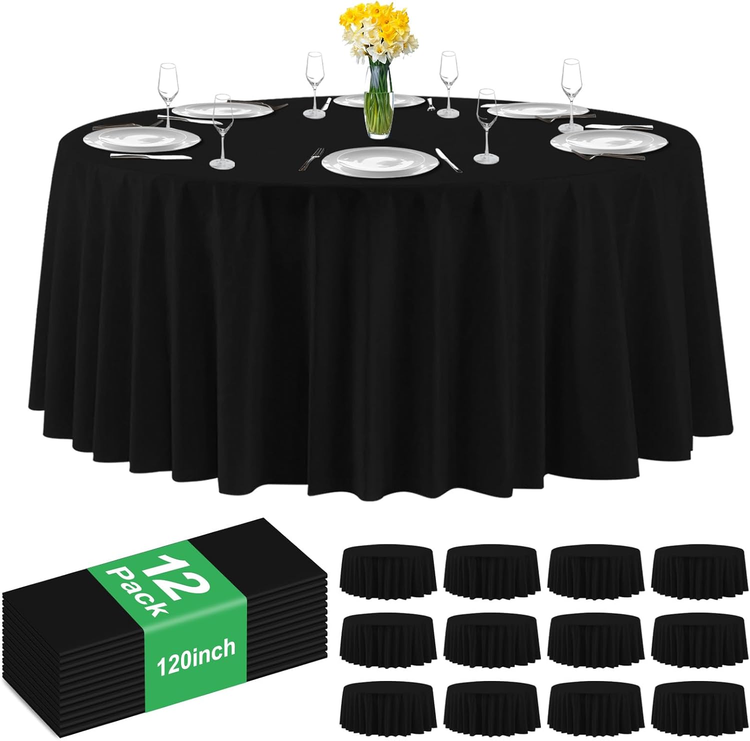 12 Pack Premium White Plastic Table Cloth -120 Inch Round Tablecloth, Disposable Tablecloth Plastic Table Cover for Parties (12, White, 120" Round)