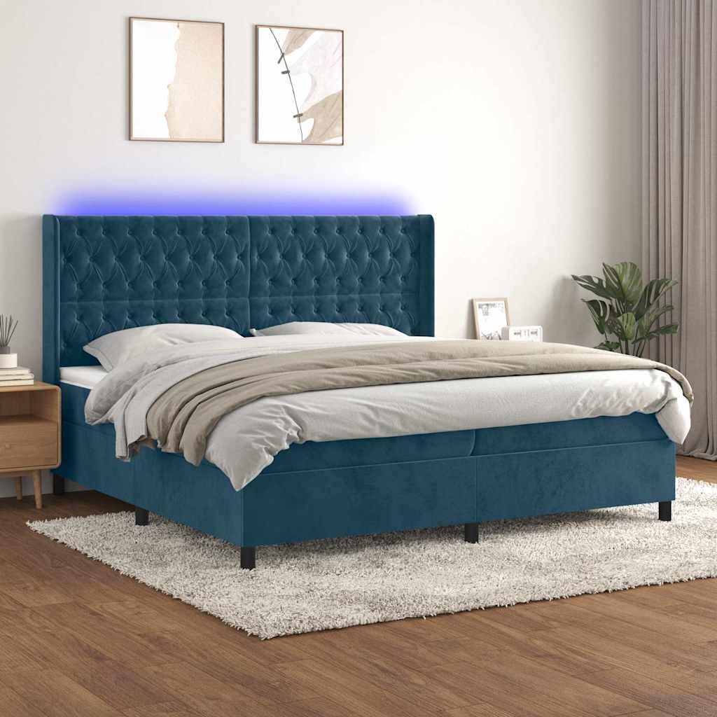 vidaXL Letto a Molle con Materasso e LED Blu Scuro 200x200 cm, letto, rete letto, letto matrimoniale, giroletto, base letto, letto in velluto