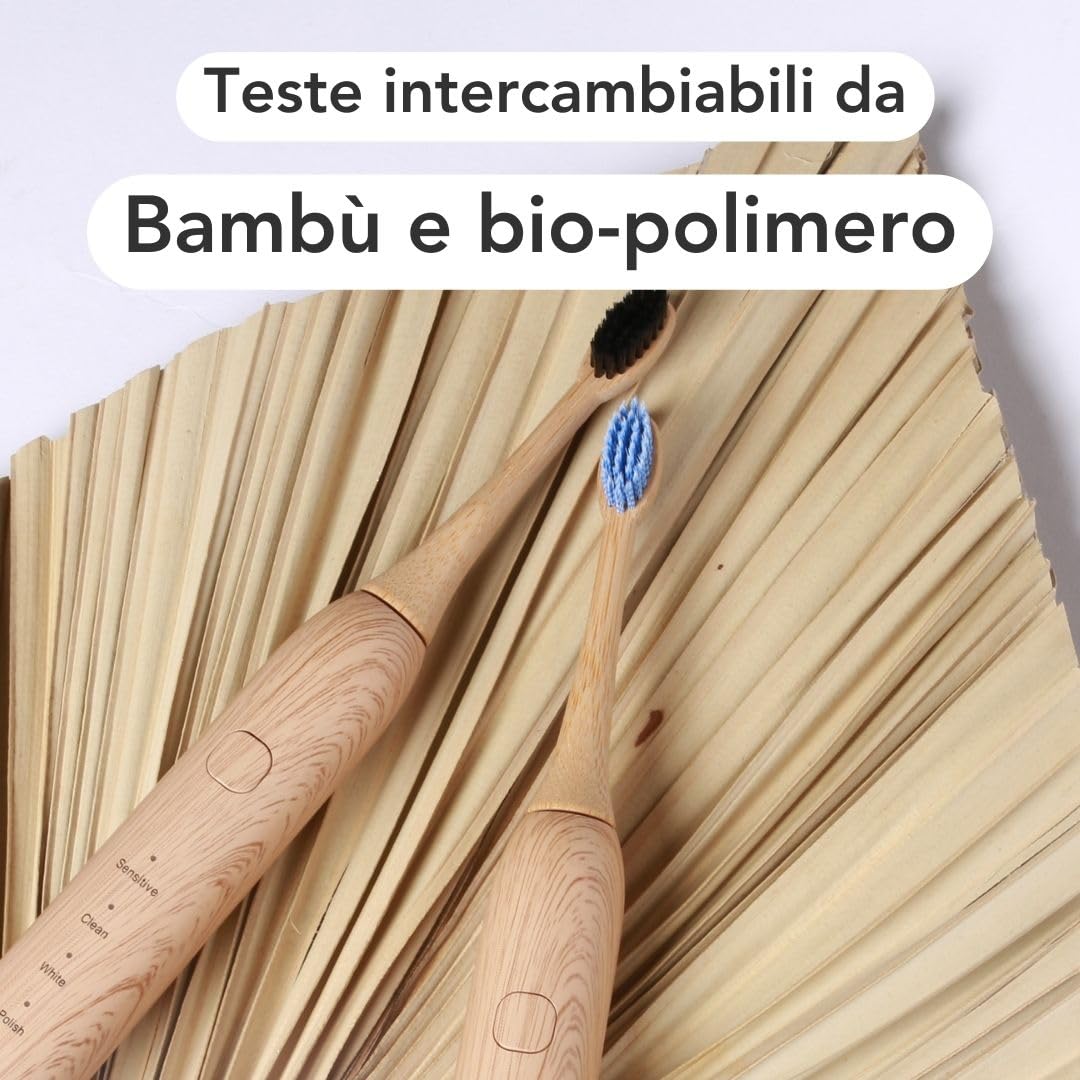 Spazzolino sonico LULA: rimozione efficiente della placca e pulizia delicata. Include 2 testine intercambiabili in bambù sostenibili, funzione di ricarica rapida con USB-C fino a 8 settimane di durata