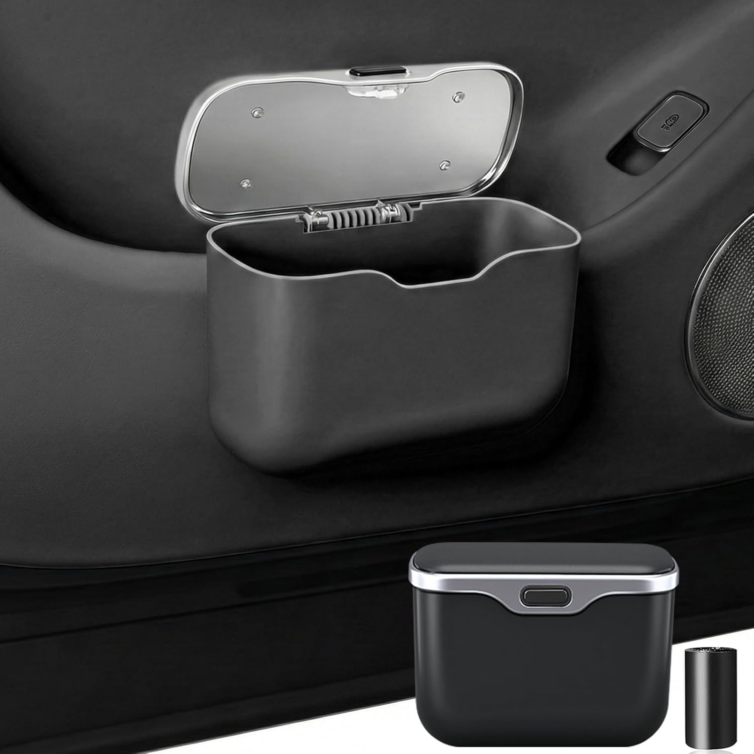 Car Trash Can with Lid - Leakproof Hanging Car Garbage Bin for Door & Seat Back - Waterproof Auto Trash Bag & Multifunctional Storage Organizer for SUV, Truck, Sedan (Black)