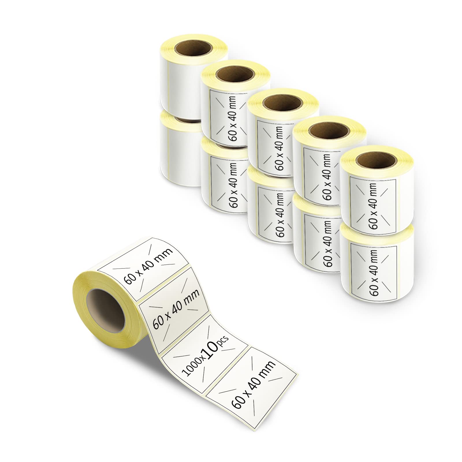 m MU Étiquettes Autocollantes，10X Rouleau 60X40 MM，10000 Pièces Par Rouleau Étiquettes À Transfert Thermique Adhésives Universelles Blanches À Imprimer Dans Des Imprimantes Thermiques|6×4CM