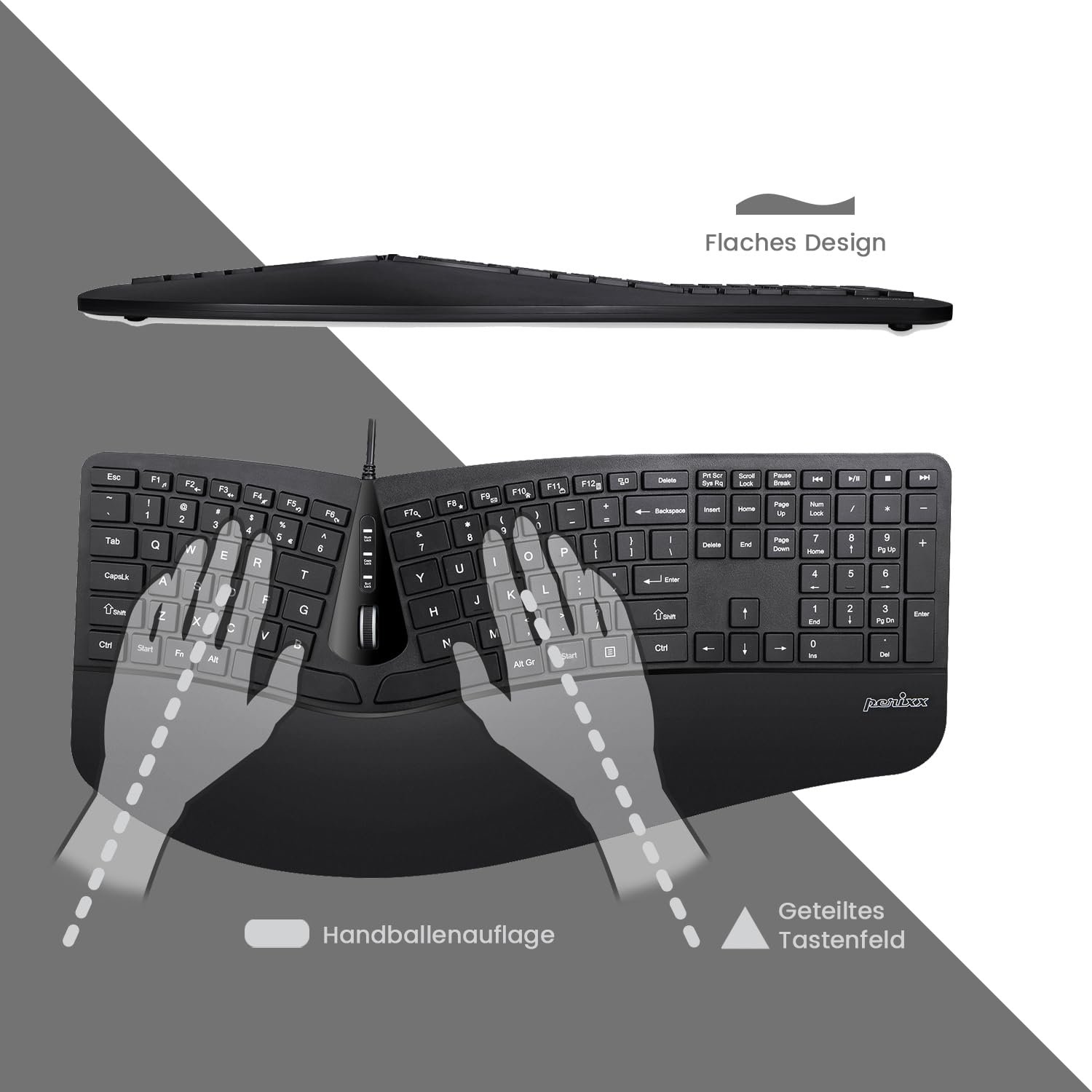 Perixx Periduo-505 - Tastiera ergonomica con mouse verticale, tastiera divisa, rotella di scorrimento a 4 vie, poggiapolsi personalizzabile, tasti piatti, con cavo USB, QWERTZ