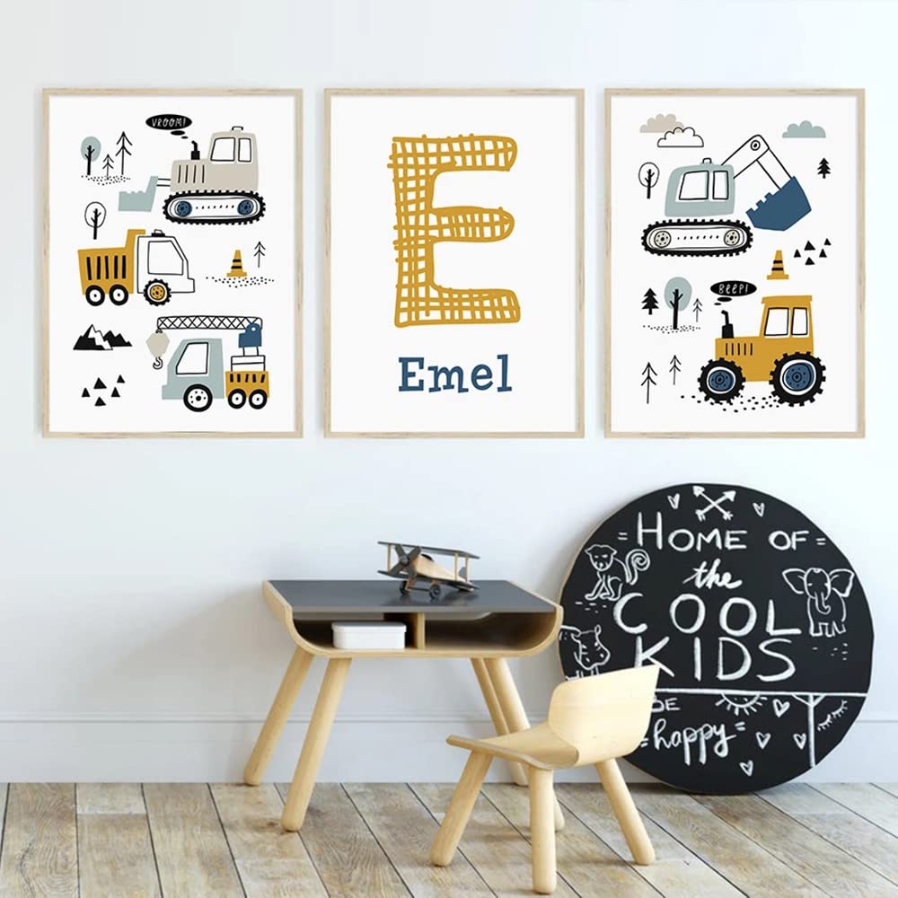 Youihom 3 Affiche Prenom Enfant Garcon 30x40cm Posters Véhicules Camions Chariot Élévateur Tracteu Cranes Voiture Tableau Chambre Enfant Mural Deco Bebe Cadeau A3 sans Cadre